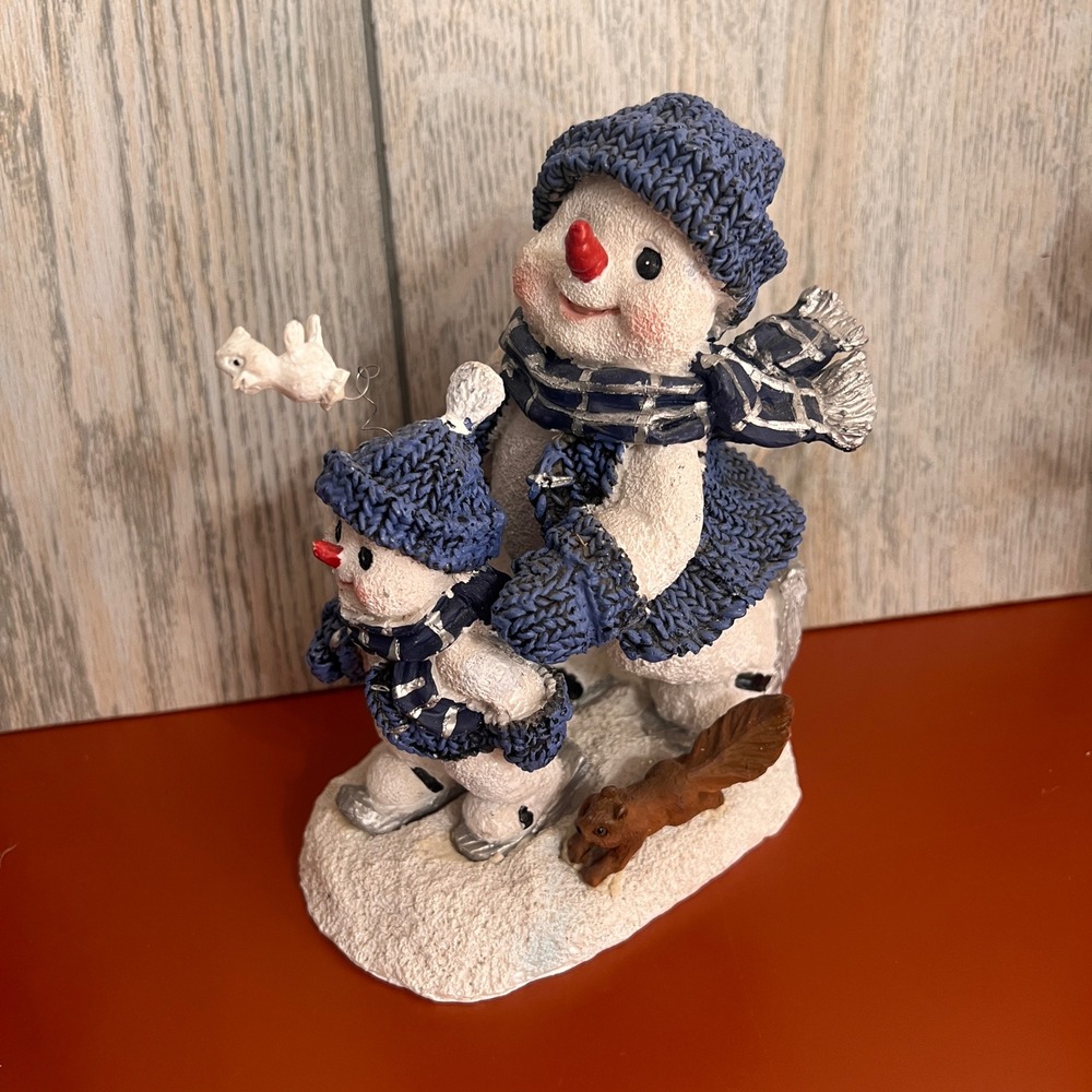 Snowman Buddy‎ Family Ice Skating Figurine Blue Knit Sweaters Squirrel Bird